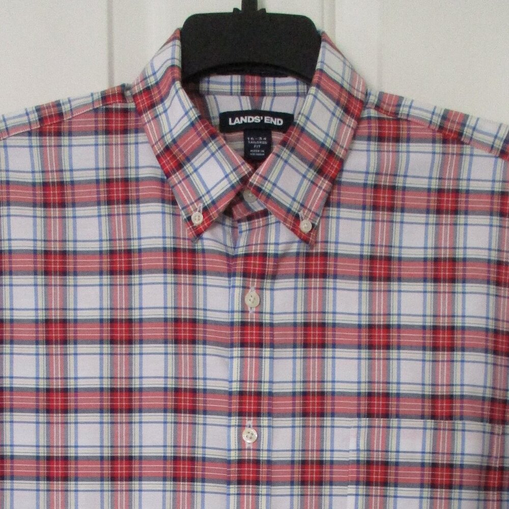 Lands' End Mens L/S Red White Cotton Button Down Casual Shirt NWOT - Size 16/33*